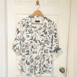 ❤️Karl Lagerfeld Paris Whimsical Roll-tab Sleeve Blouse, Sz M, White Print NWOT
